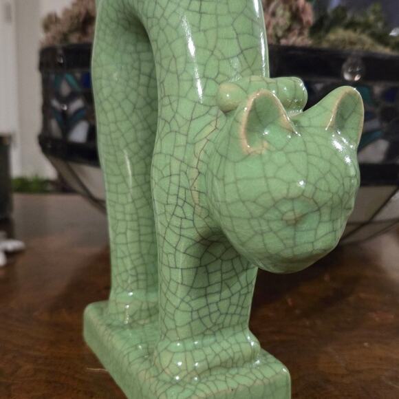 Antique Japanese Celadon Crackle Glazed Green Porcelain Cat Figurine - Picture 5 of 12